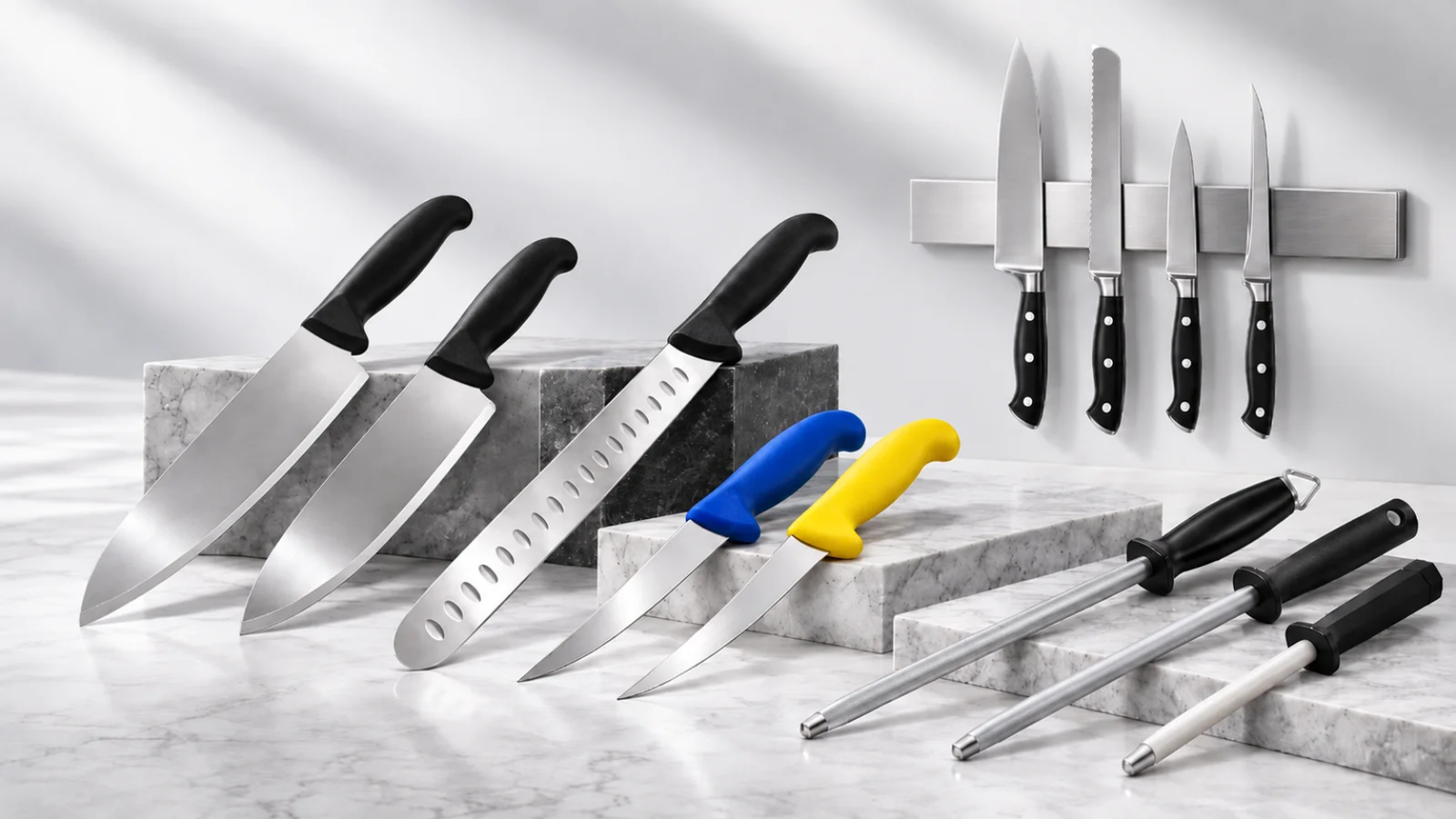 Professional kitchen knives with colored handles arranged in a manufacturing setting
